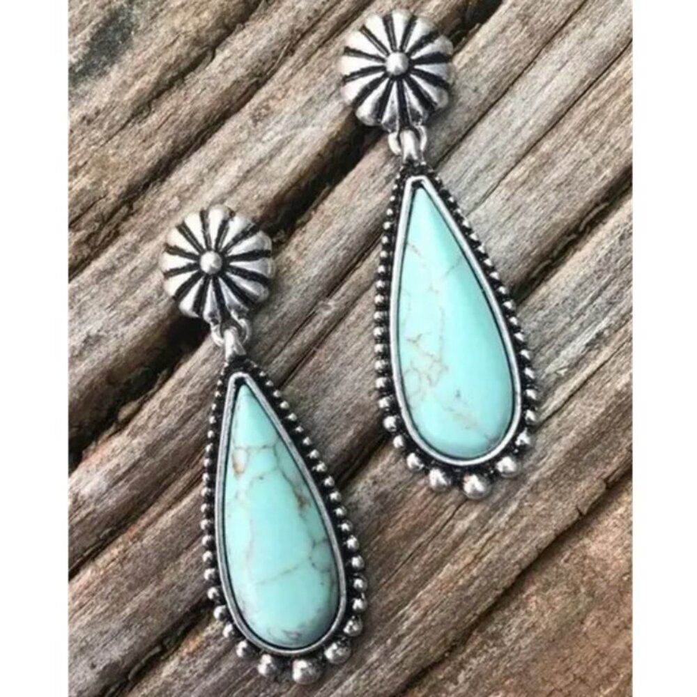 Bohemian Teardrop Earrings - Synthetic Turquoise & Electro-Plated White Gold